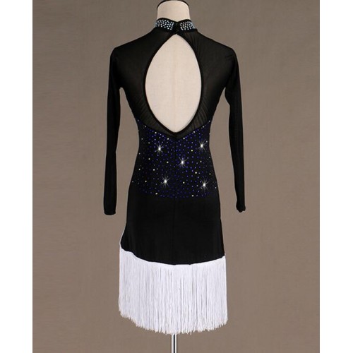 Black with white fringe diamond competition latin dance dresses with blue gemstones for women girls long sleeves high neck backless rumba salsa chacha dance dress for lady
